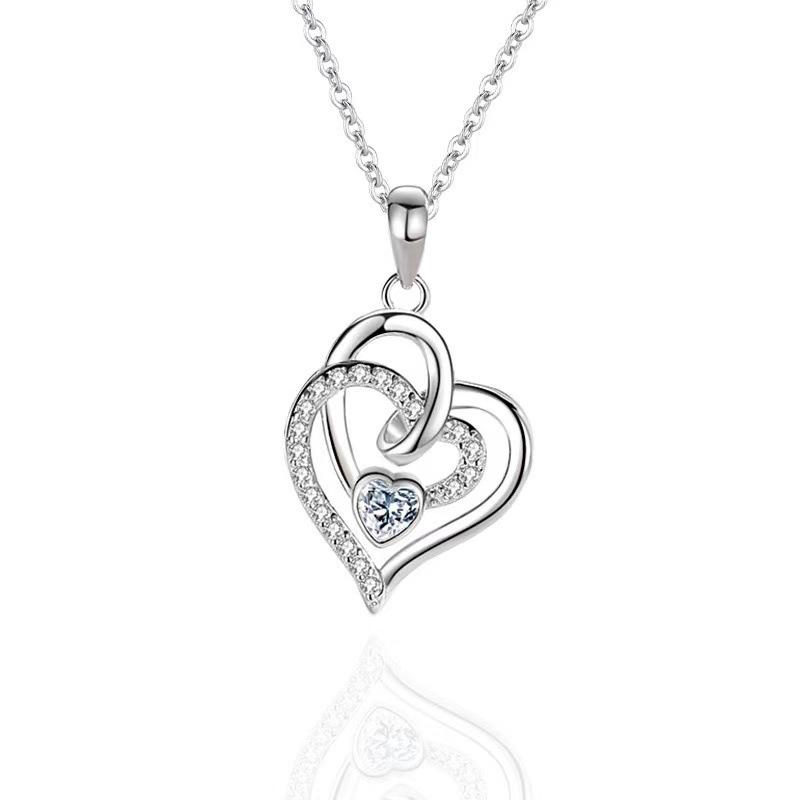 European and American Double Heart Diamond Pendant Necklace for Women