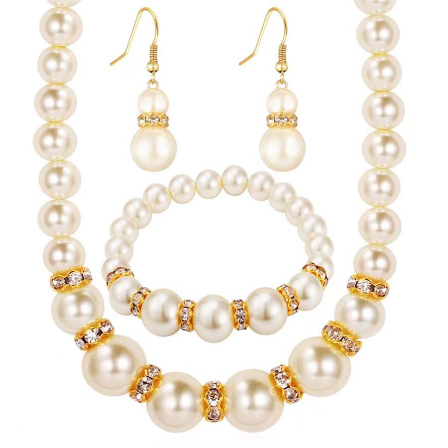 ABS Pearl Jewelry Set: Necklace, Earrings, and Bracelet 3-Piece Collection