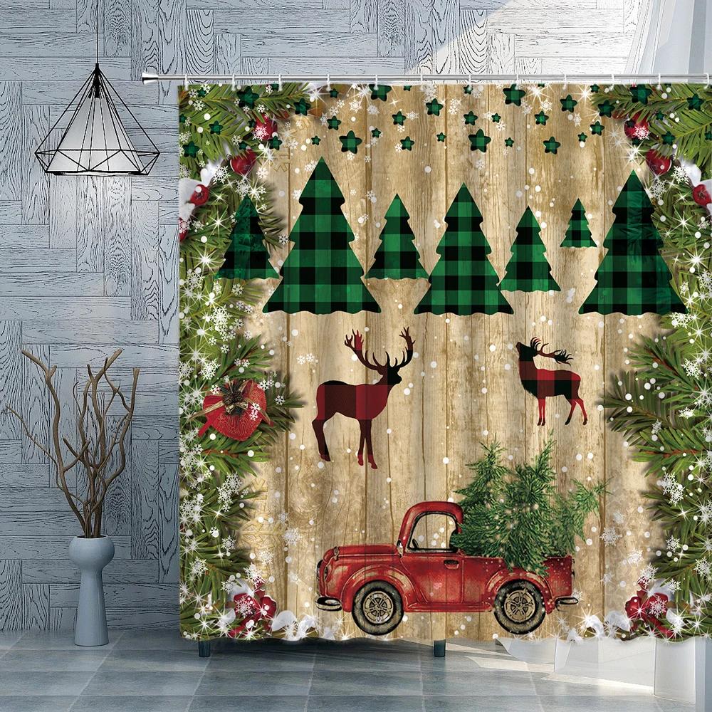 Christmas Shower Curtain Red Christmas Balls Branches Snowmen Gifts Snowflakes Fabric Bath Curtain Winter Bathroom Decor Sets