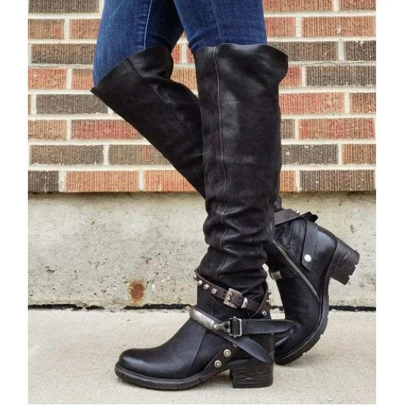 Stivali Al Ginocchio in Pelle Stile Punk Invernali da Donna Vintage Zip Fibbia a Cintura Taglia Larga Scarpe Calde