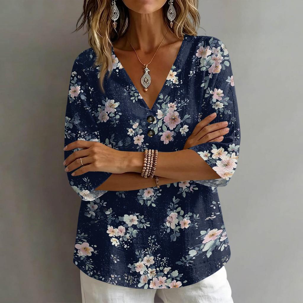 Women V Neck Vintage Floral Print Loose Fit Short Sleeve Blouse Linen Blend Casual Top for Everyday Wear Summer Spring