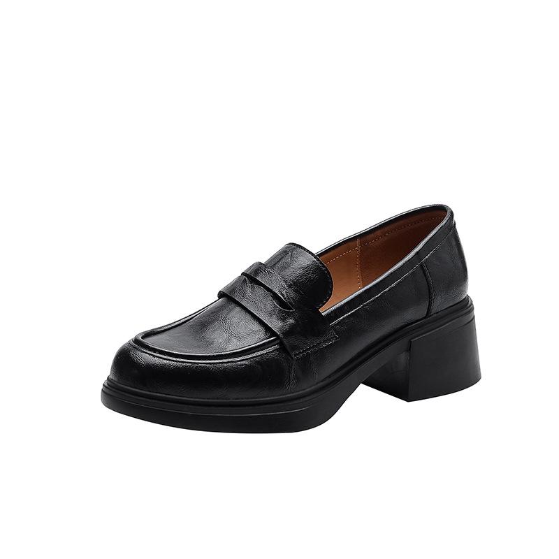 Versatile British Style Cowhide Mid-Heel Loafers - Retro Round Toe Slip-On Women's Shoes with 5cm Chunky Heel