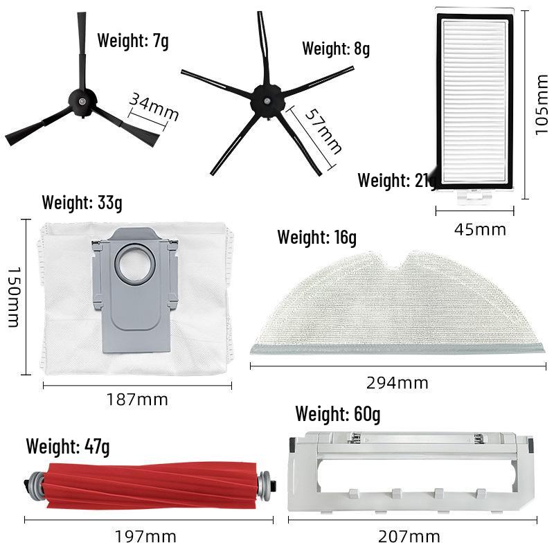 Stone Sweeping Robot Accessories for T8/Q7 MAX+: Roller Brush, Main Brush, Side Brush, Filter, Mop, Dust Bag.