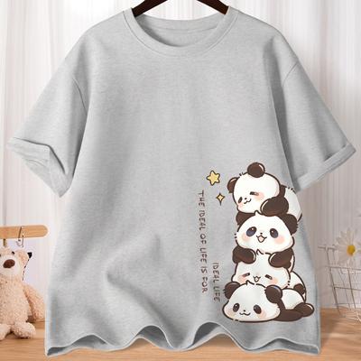 Sommer Cartoon Niedlich Schatz Panda Süß Bedruckt Kurzarm T-Shirt Damen Locker Freizeit Weicher Boden Übergroßes Hemd Top