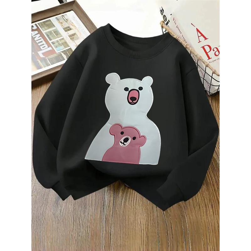 Girls' Crewneck Sweatshirt - Bear And Cub Pattern Print Machine Washable, Spring And Autumn, Sportswear And Casual Wear