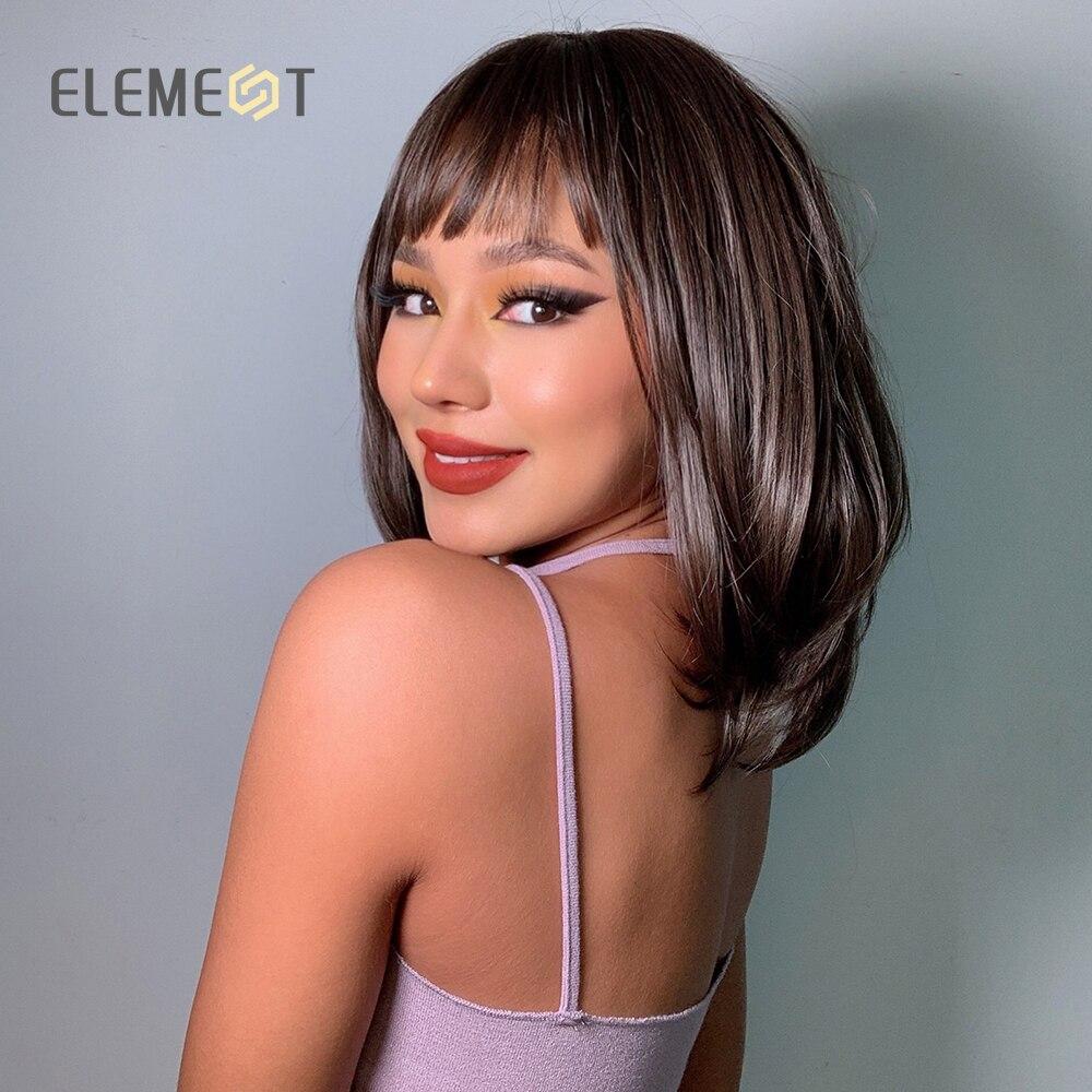 Element Bob Dark Brown Wig With Air Bangs Cool Short Synthetic Wigs For Women Shoulder Length Heat Resistant Fiber Hair Daily