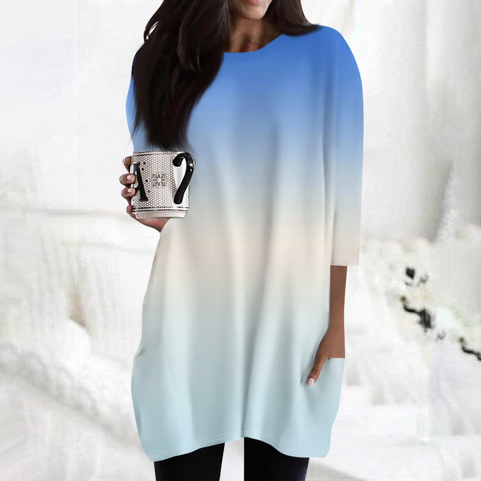 

Женские повседневные рубашки с рукавами 3/4, модные туники с принтом, топы с карманами L синий