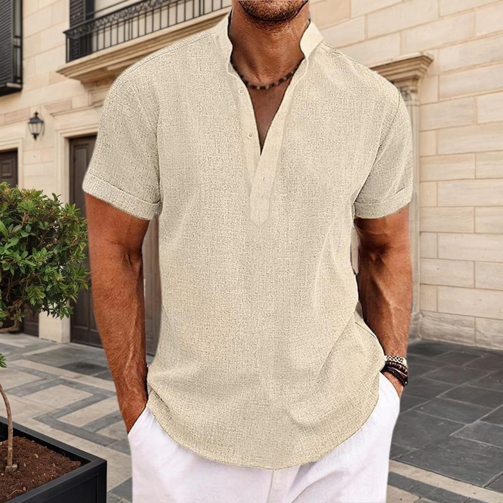 Men's Linen Shirts Short Sleeve Button Up Neck Stand Collar Casual Summer Home Daily Shirts