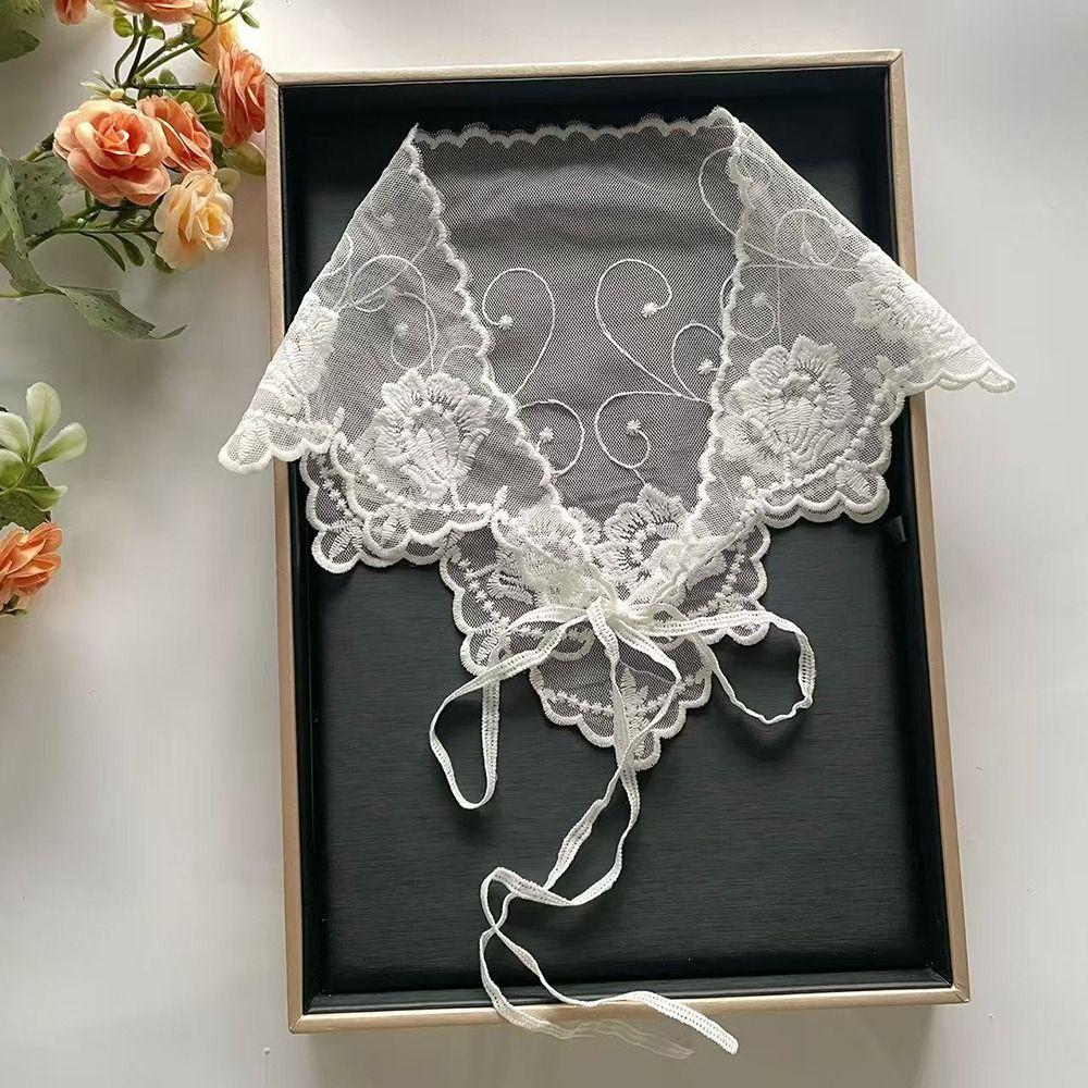 Fashion White Woven Floral Lace Hair Scarf Wraps Breathable Retro Triangle Headscarf Sweet Hair Band Photo