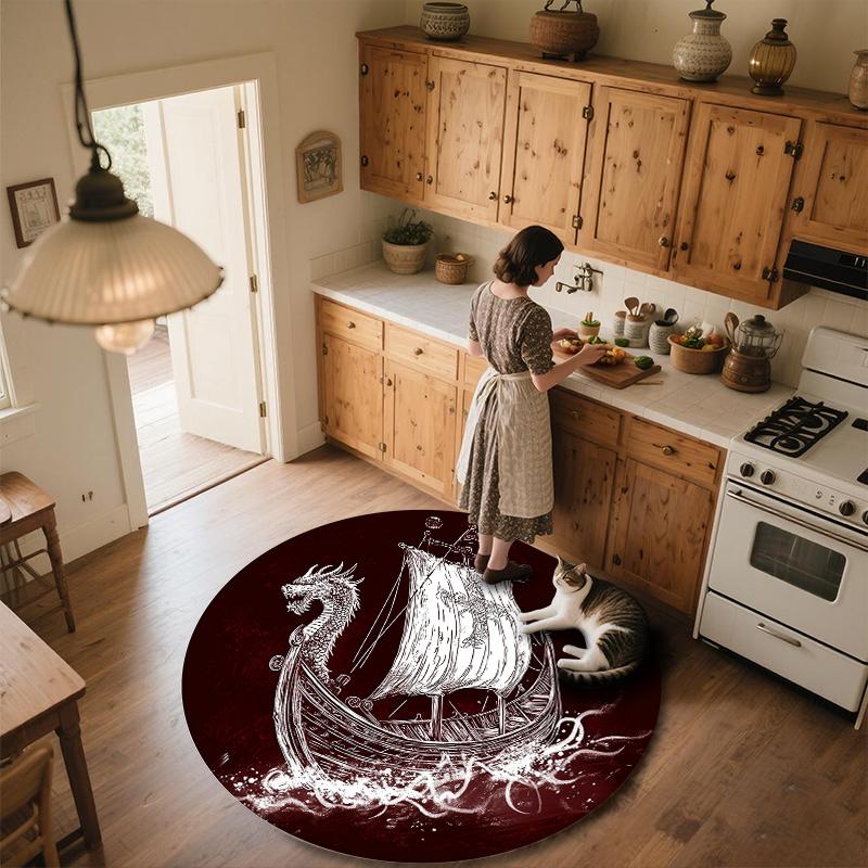 Viking Ship,Round Area Rug,Carpet Rug for Living Room Bedroom Sofa Playroom Decor,Non-slip Floor Mat