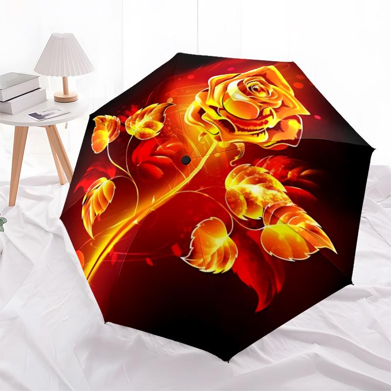 1PC Flame Rose Automatic Folding Umbrella Portable Collapsible 8-Rib Umbrella for All Seasons, Casual Outdoor Accessory, A31