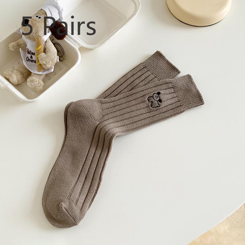 5 Pairs of Female Spring and Autumn Embroidery Puppy Vertical Stripes In Tube Pile Socks