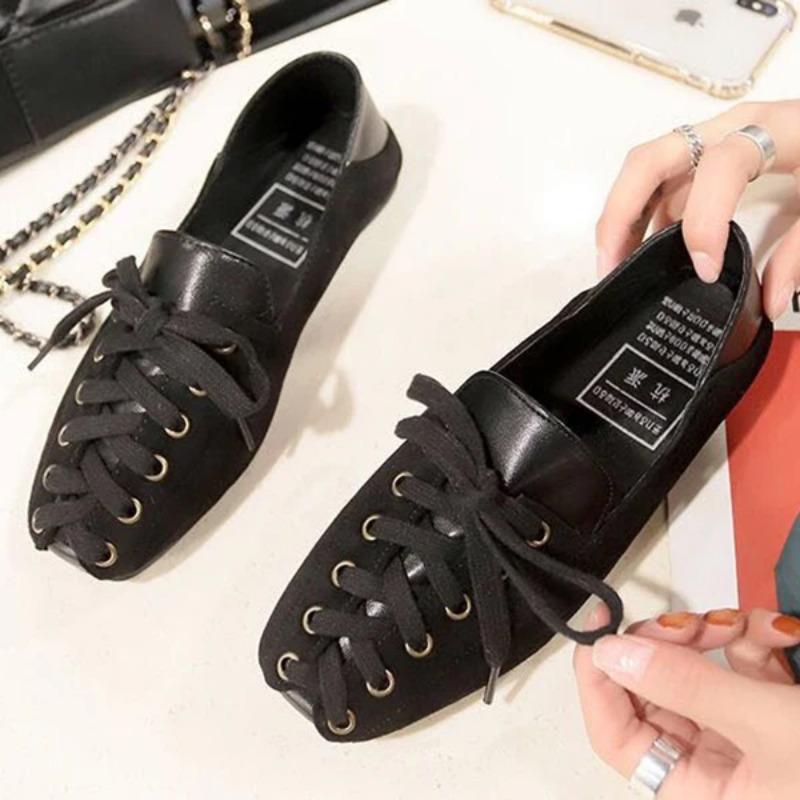 Fashion Personality Women Shoes 2025 Spring Lace-Up Casual Loafers Fashion Soft Square Toe Flats for Women Shoes Black Loafers Women