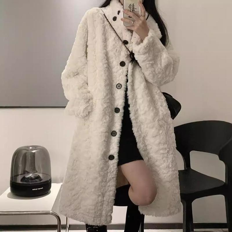 Lamb wool imitation fur jacket women's clothing long coat over the knee design imitation rabbit velvet thickened loose stand-up collar hair