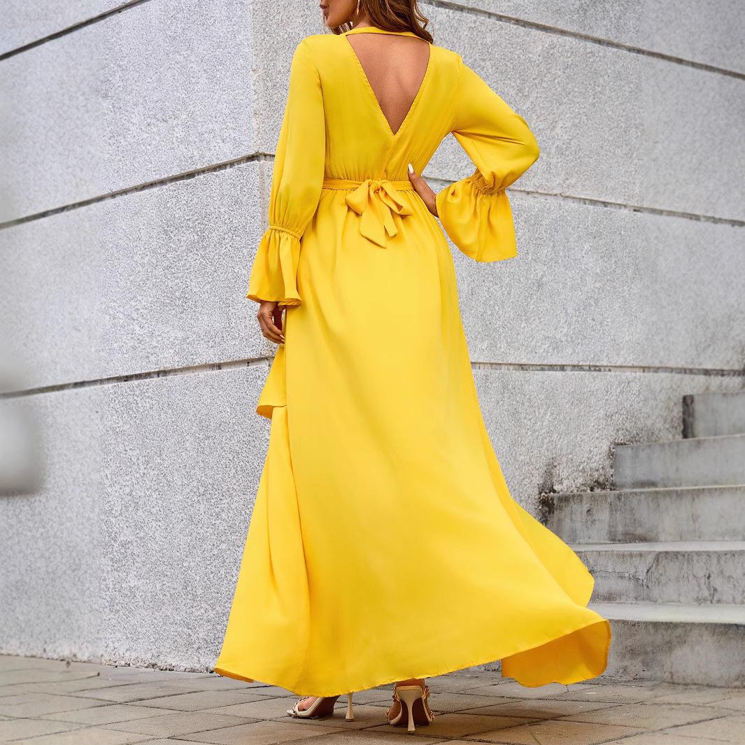 European and American new elegant women s dress irregular yellow 2025 dress straps deep V-neck party dress S жёлтый