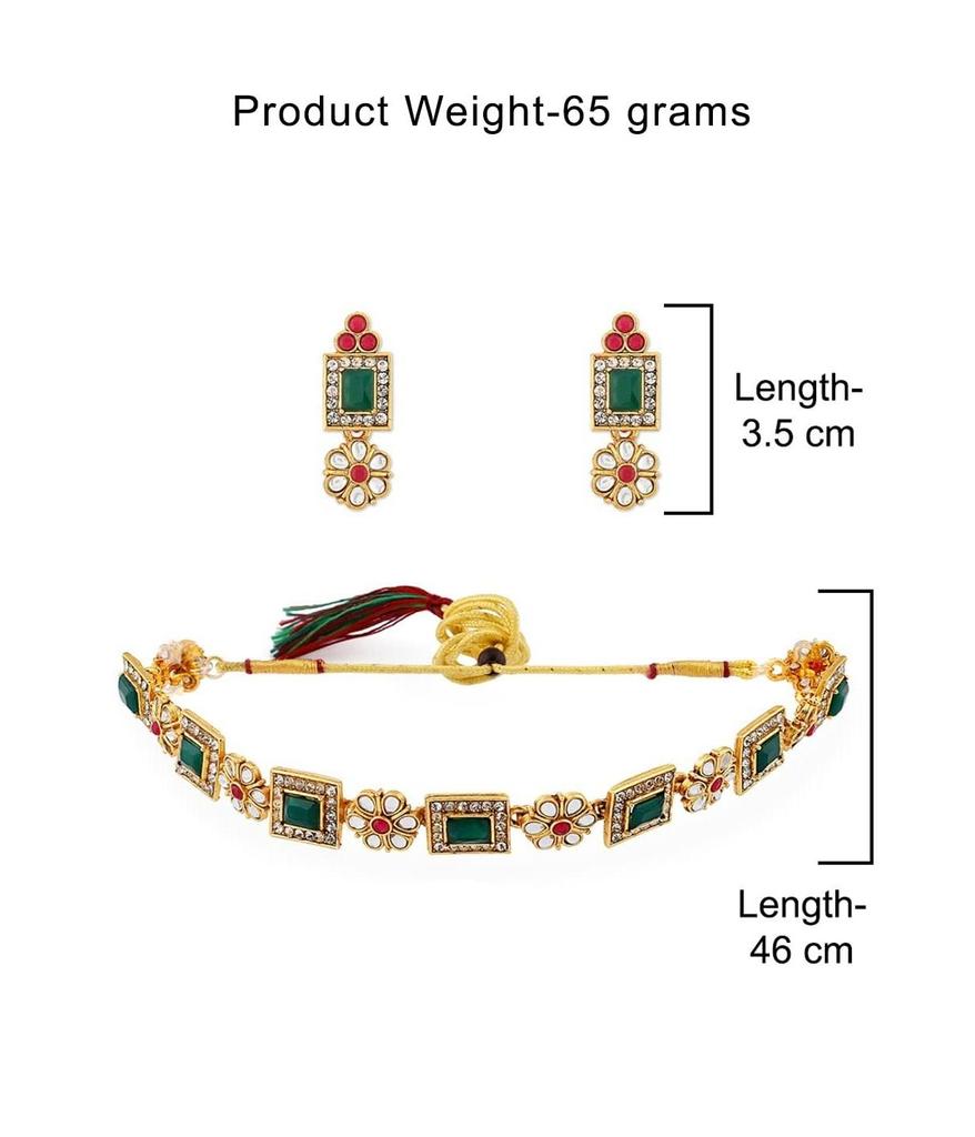 Green & Pink Stones Ethnic Collar Bone Necklace Earring & Ring Set For Women