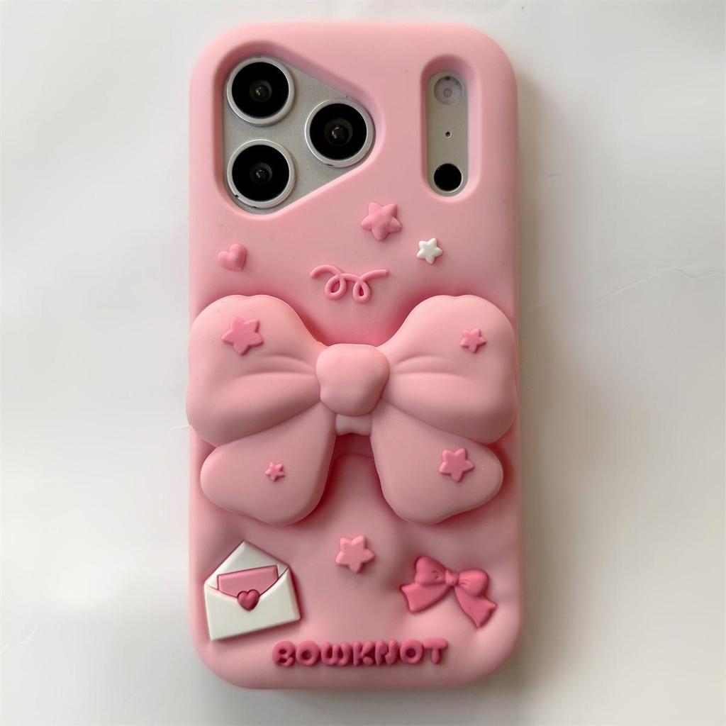 3D Pink Bow Stand iPhone 14/13 Pro Max Case, Anti-Fall Compatible with Apple 17/16/15.