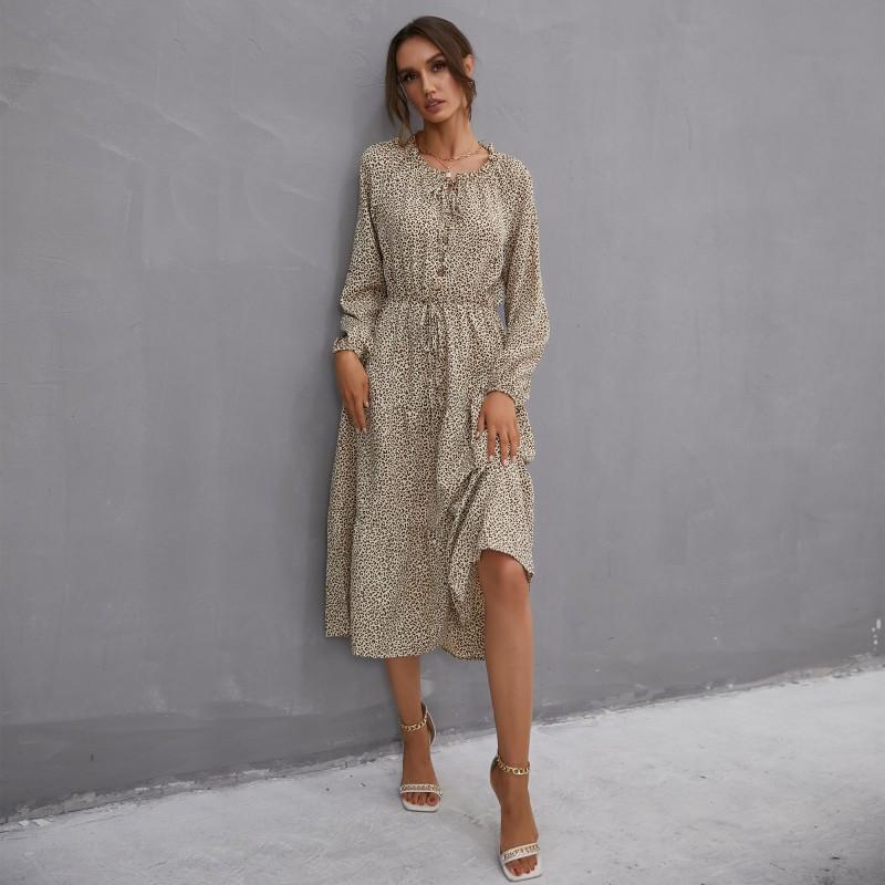 YYFS Robes décontractées à manches longues et col rond pour femmes, mode été printemps imprimé léopard