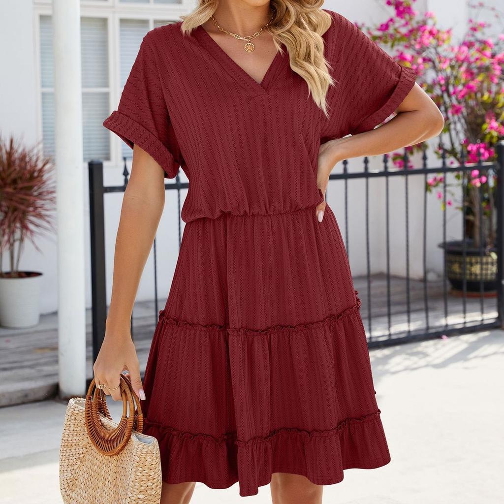 QICED Frühling Sommer Einfarbig V-Ausschnitt Locker Kurzärmelig Patchwork Kleid