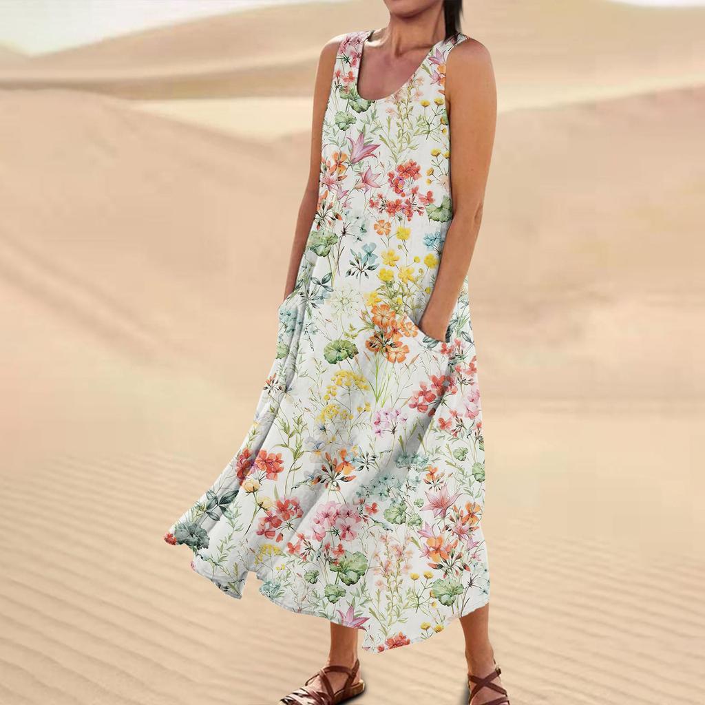 Fashion Summer Casual Comfortable Flower Print Sleeveless Cotton With Pocket Beach Dress For Women