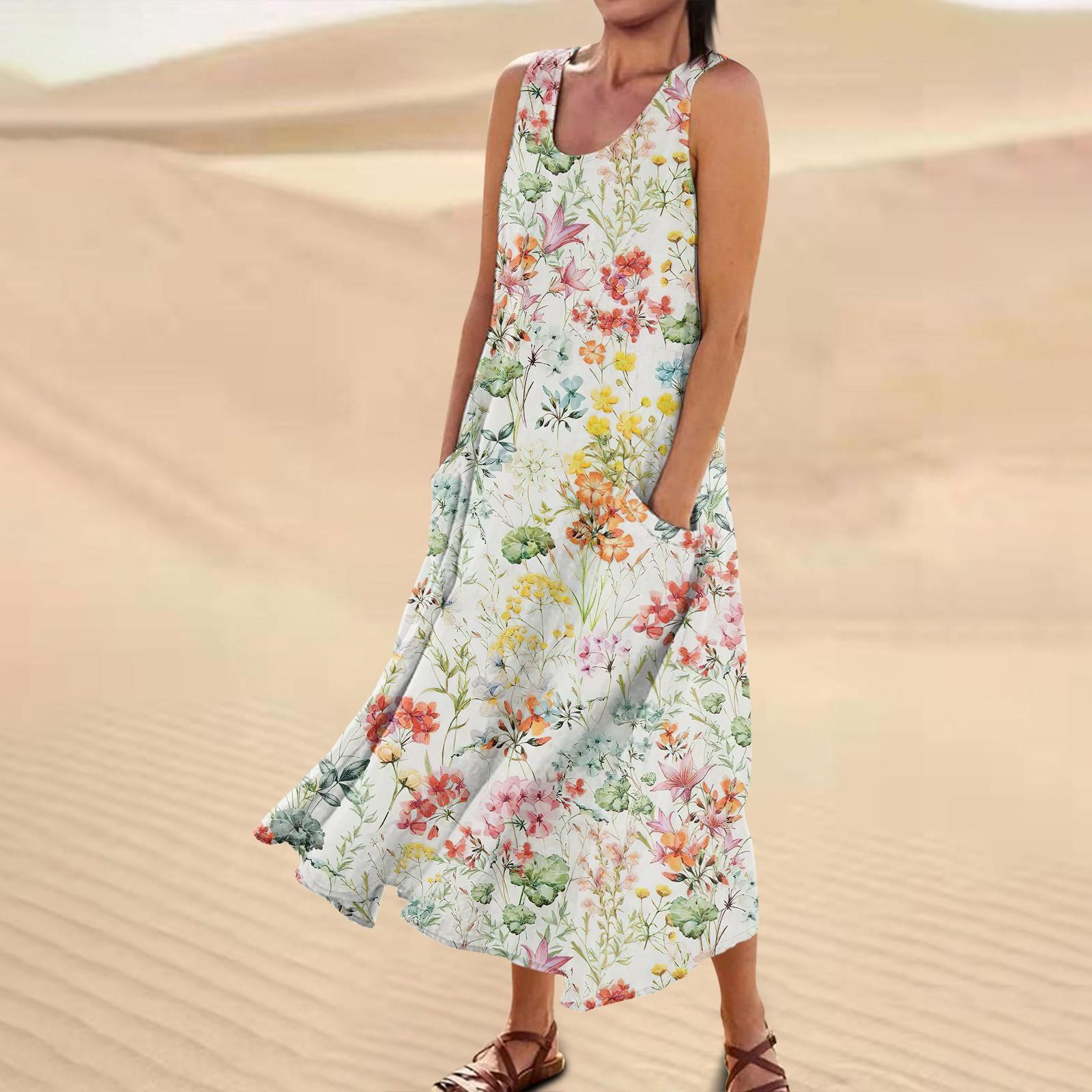 

Модное летнее повседневное удобное хлопковое платье без рукавов с цветочным принтом и карманным пляжным платьем для женщин S бежевый