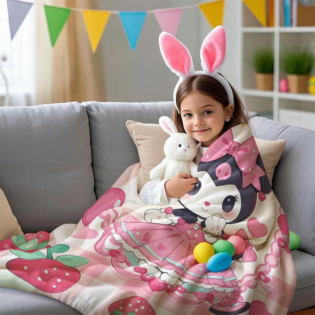 Kuromi Lightweight Cozy Flannel Blanket Cute Strawberry Cherry Heart Pattern Flannel Plush Throw for Home Bedroom Living Room