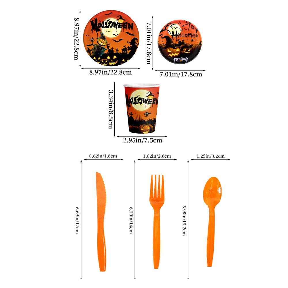 1/2set Disposable Tableware Halloween Theme Party Birthday Decorations Paper Cup Fork Knife 7/9 Inch Paper Tray Spoon Each 10pcs