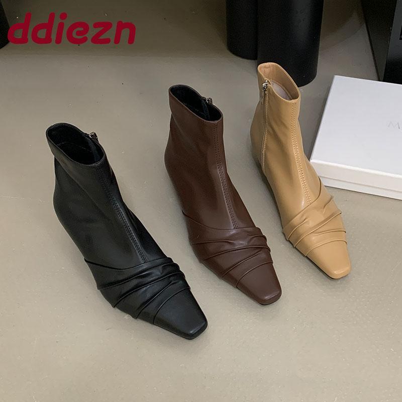 Fashion Fashion Low Heel Women Ankle Stretch Boots Zippers Shoes Pointed Toe Ladies Short Boots Shoes Female Pumps Footwear
