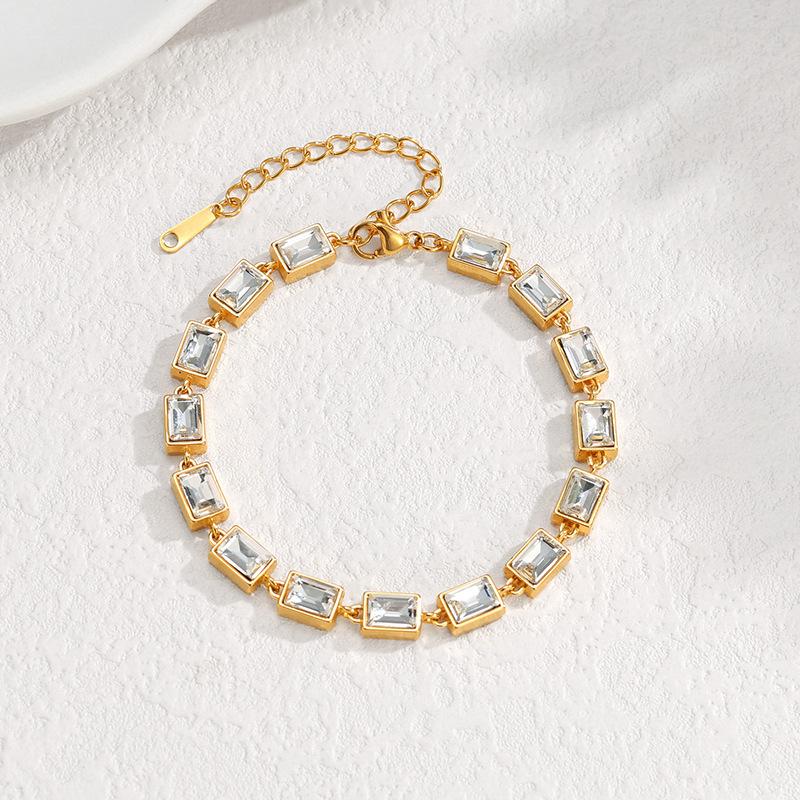 18K Gold Plated Stainless Steel Geometric Zircon Bracelet for Women, Boho Light Luxury Minimalist Cuban Link Chain Wrist Jewelry