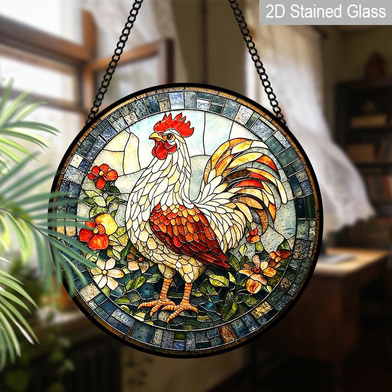 2D Flat Stained Glass Rooster Window Decoration, 6.3/7.87inches Colored Glass Plate with Chain, Charming Sun Catcher Home Decor, Unique Holiday
