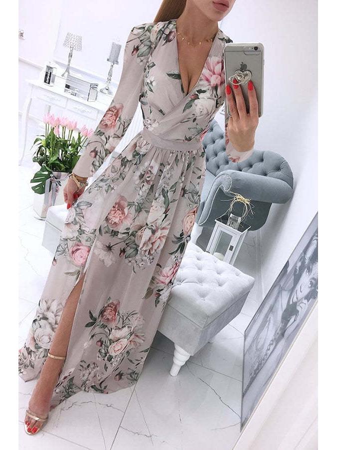 2024 Boho V-Ausschnitt Chiffon Druck Langarmkleid für Damen