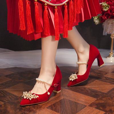 New Fashion Sexy Elegant Banquet Suede Wedding Bridal Shoes Metal Decorative Pointed Toe Thick Heel Embroidered High Heels