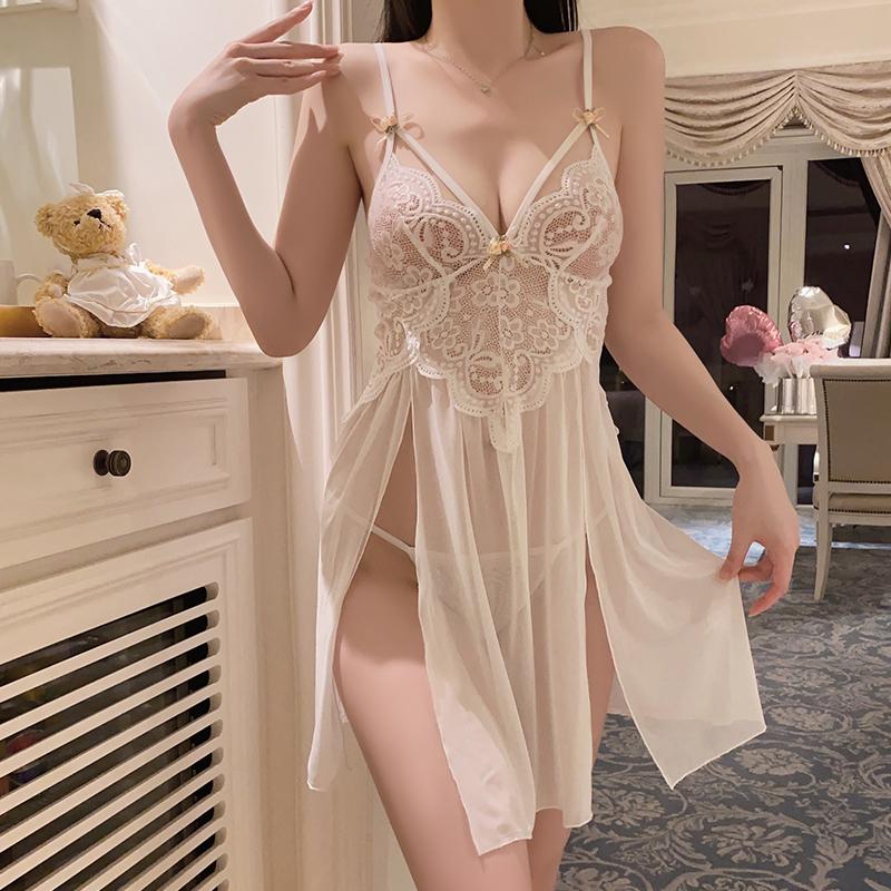 Women Erotic Lingerie Sets Sexy Deep V Backless Strap Slip Dress Thong Porn Mesh Perspective Lounge Comfortable Clothing