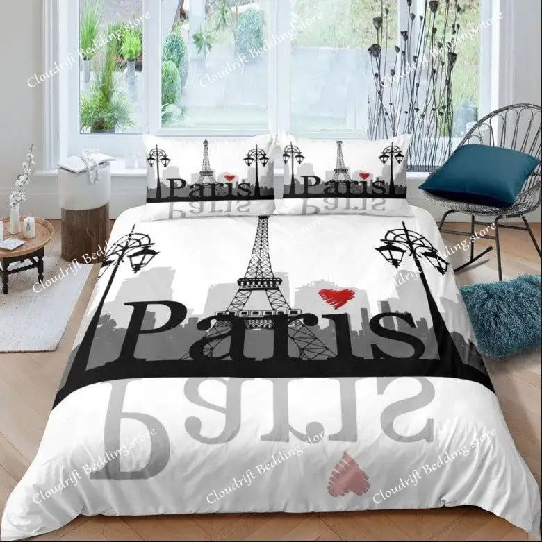 Eiffelturm Bettwäscheset Queen-Size Paar Valentinstag Bettbezugset für Frauen Romantisches Paris Bettbezug Raumdeko
