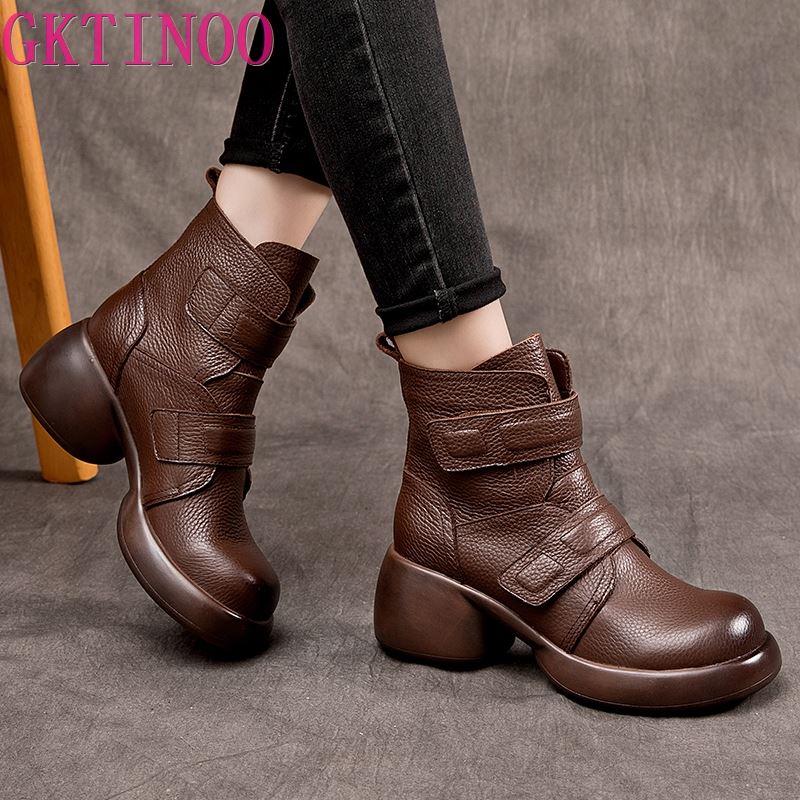 GKTINOO 2025 Women Thick Heel Ankle Boots Autumn Winter Warm Shoes High Quality Genuine Leather Chunky Platform Boots