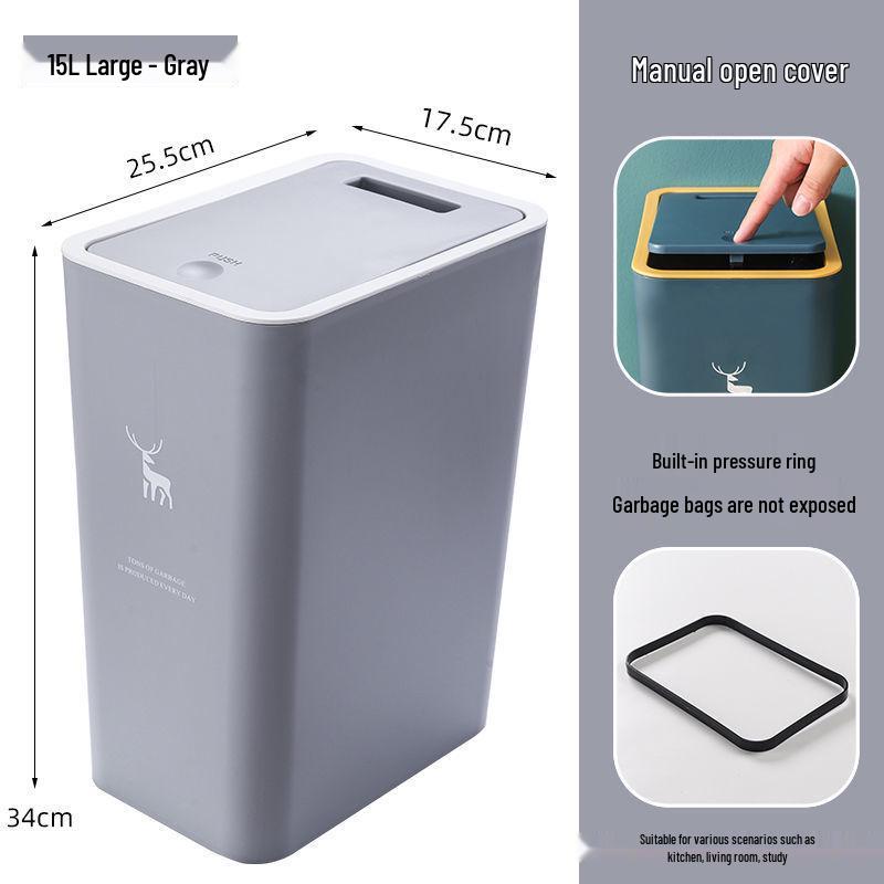High-Capacity Press-Open Trash Can with Lid for Kitchen & Living Room - Stylish & Popular