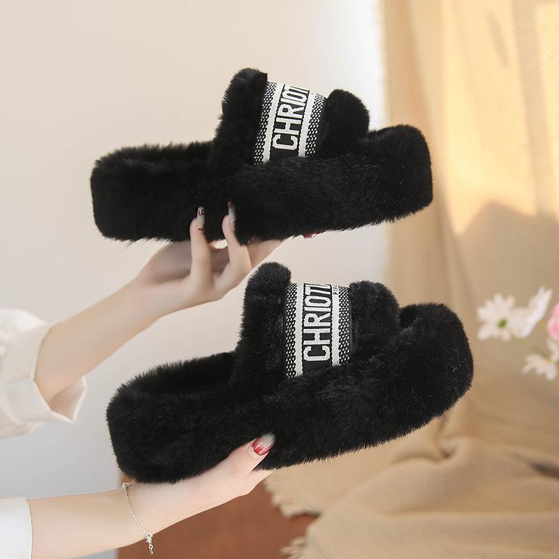 Thick Bottom Heightening Fluffy Slippers Women's Autumn and Winter Velvet Outer Wear 2025 New French Beautiful Letter Soft Bottom Cotton Mop