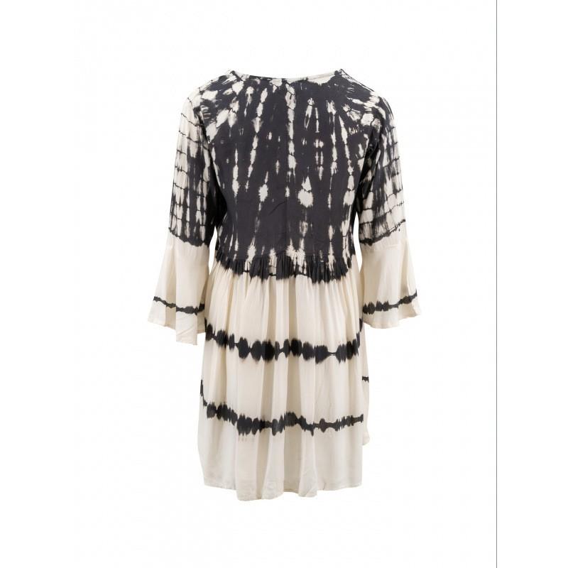Womens V-Neck Tie-Dye Short Dress With Ruffled 3/4 Sleeves Casual Boho Style L