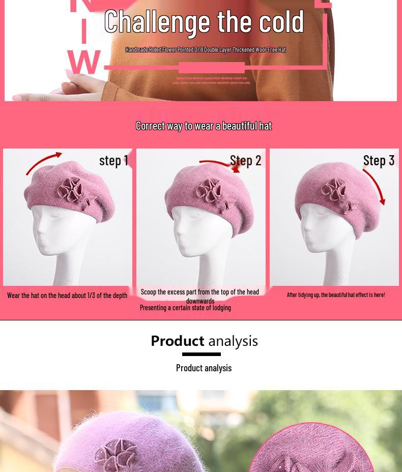 Women's Winter Fashion Knitted Wool Beret with Rabbit Fur - Cute Korean-Style Beanie