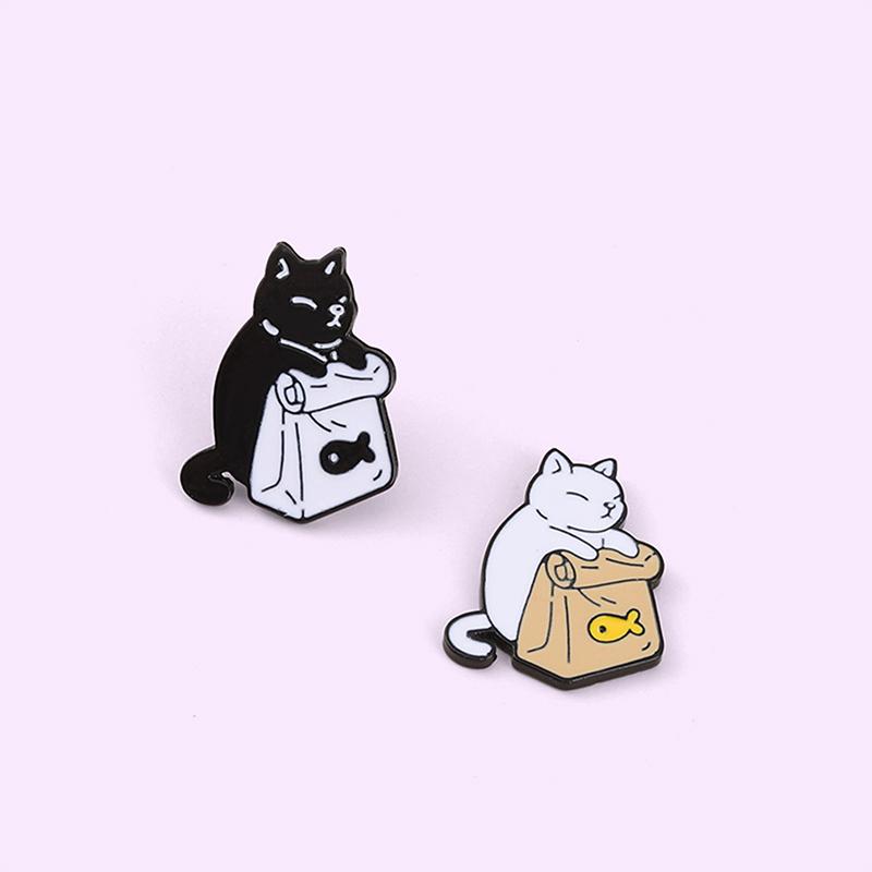 Feed Myself Enamel Pins Cute Black White Cat Dried Fish Bag Brooches Lapel Badge