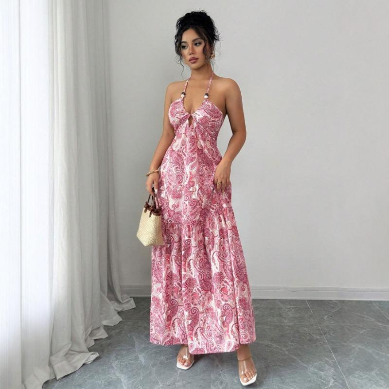 Abito Lungo da Donna con Stampa Paisley, Scollo all'Americana, Senza Maniche, Schiena Scoperta, Estivo