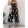 Summer Women's Woven Position Printing Halterone-piece Overall Pants with Pockets Wide-leg Pants