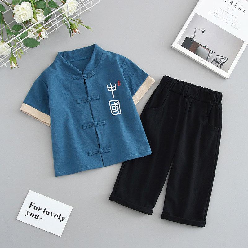 Completo Estivo da Ragazzo a Maniche Corte Stile Cinese per Bambini Hanbok Bello Completo Tang Cotone Lino Sezione Sottile di Abbigliamento Antico