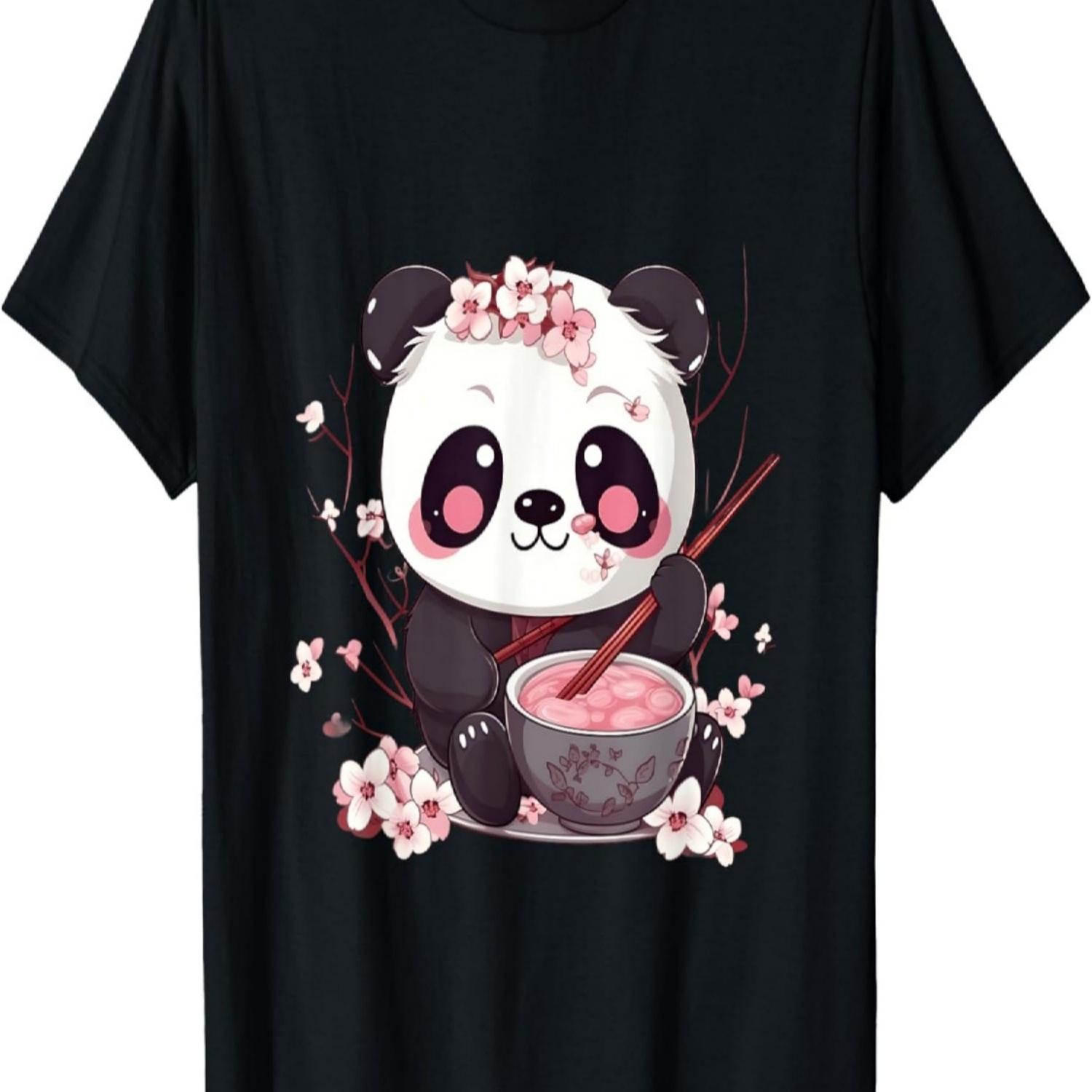 Otaku Kawaii Anime Panda Eat Ramen Noodles Cherry Blossom T-Shirt(14) S