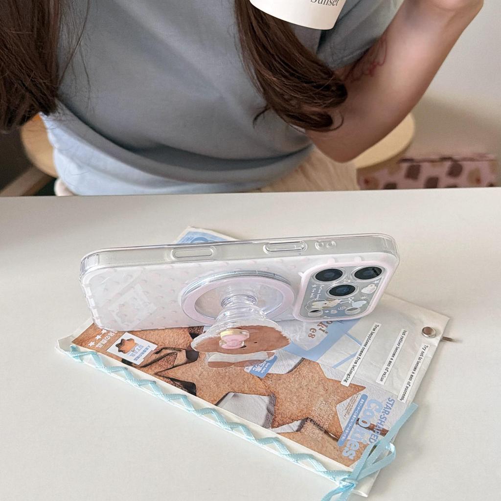 Korean-Style Pink Polka Dot iPhone 17/16/15 Case with Brown Puppy Stand, Compatible with 17 Pro Max for Women