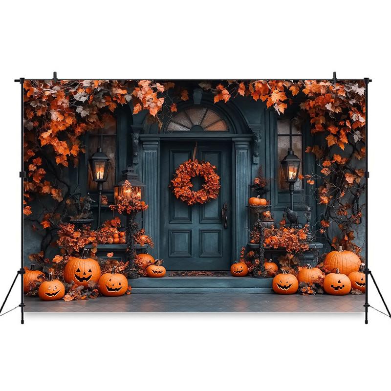 Mocsicka Halloween Photography Background House Door Bat Autumn Yellow Leaf Fall Pumpkin Party Decorations Child Photo Backdrops