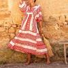 Bohemian Lantern Sleeve Long Print Dress with Large Hem for Women