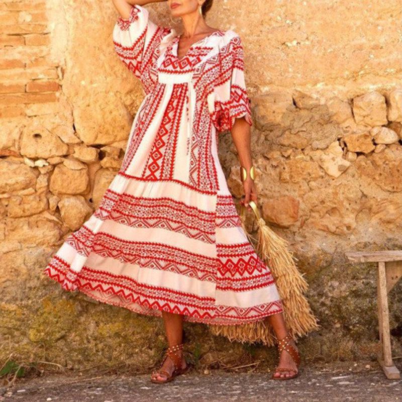 Bohemian Lantern Sleeve Long Print Dress with Large Hem for Women