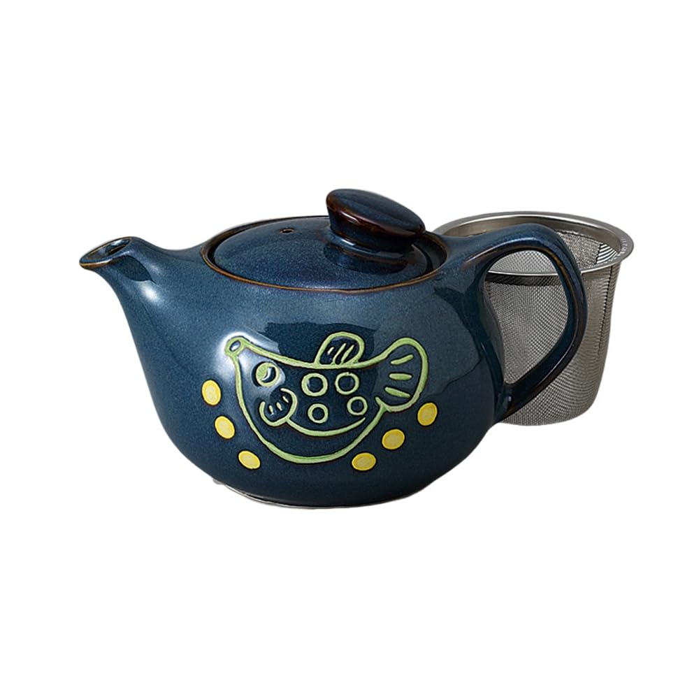 Ale-net Teapot, 400cc, 11 X 15.5 X 9.4cm, Finger Pot with Fugu Design (Tea Strainer Included), Mino Ware Ceramic, Made In Japan, Stylish