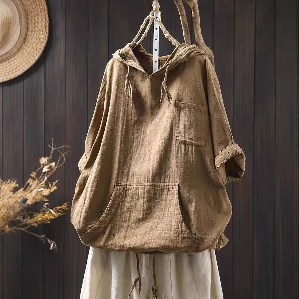 Women Hooded Casual Cotton T-Shirts Half Sleeve Summer Tees 2025 New Solid Color Loose Pockets Soft Cotton T-Shirts